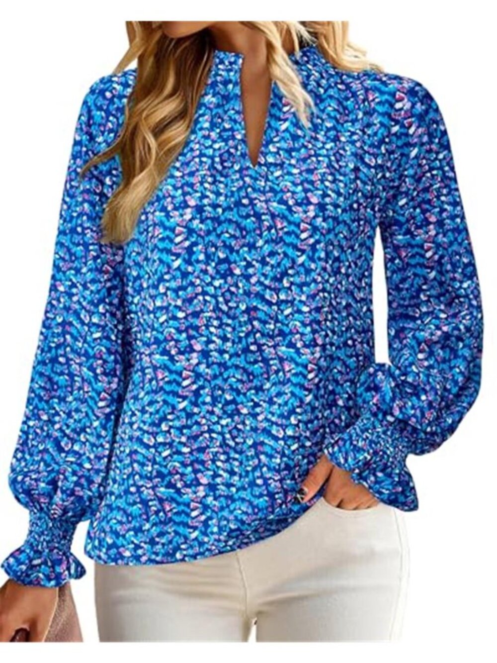 Women's V Neck Floral Long Sleeve Top Summer Casual Loose Puff Sleeve Boho - Picture 4 of 7